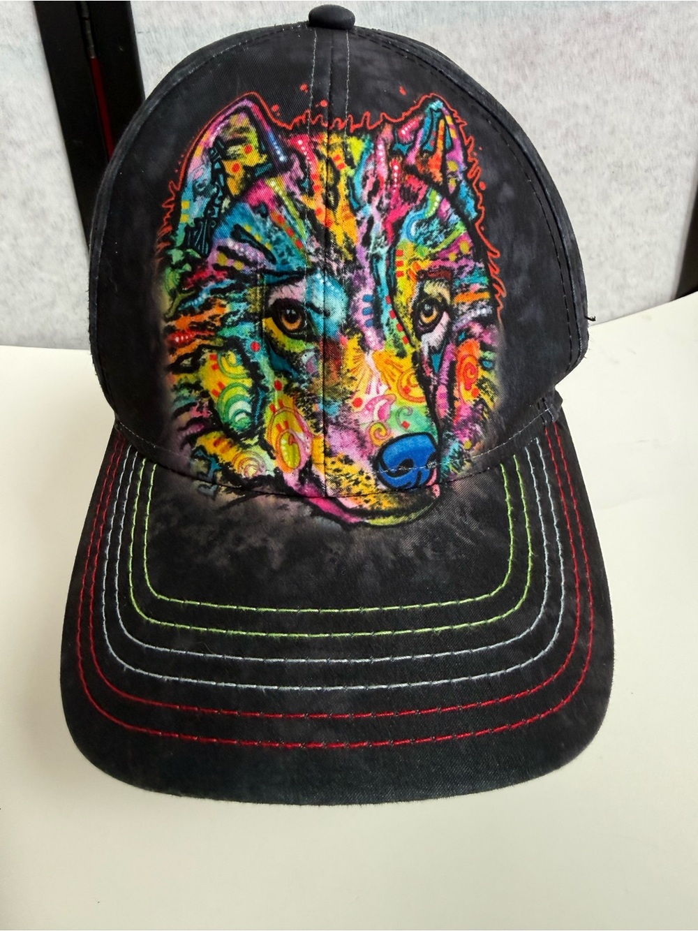 The Mountain Dean Russo Wolf Art Hat Colorful Black Curved Brim